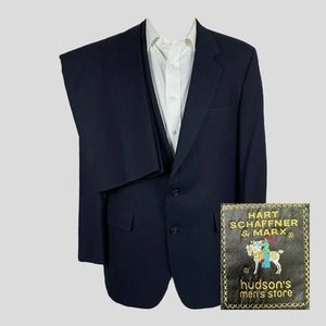 Hart Schaffner Marx 2 Piece‎ Suit Mens 42R 34x29 Navy Blue Stripe Flannel Wool